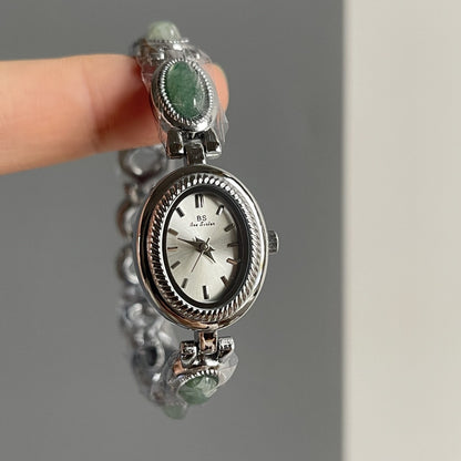 Women's Small Jade Oval Diamond Quartz Bracelet Watch